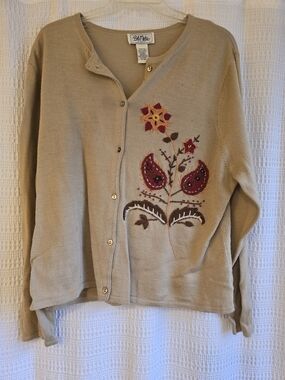 Bob Mackie Tan Cardigan with Red and Gold Floral Embroidery